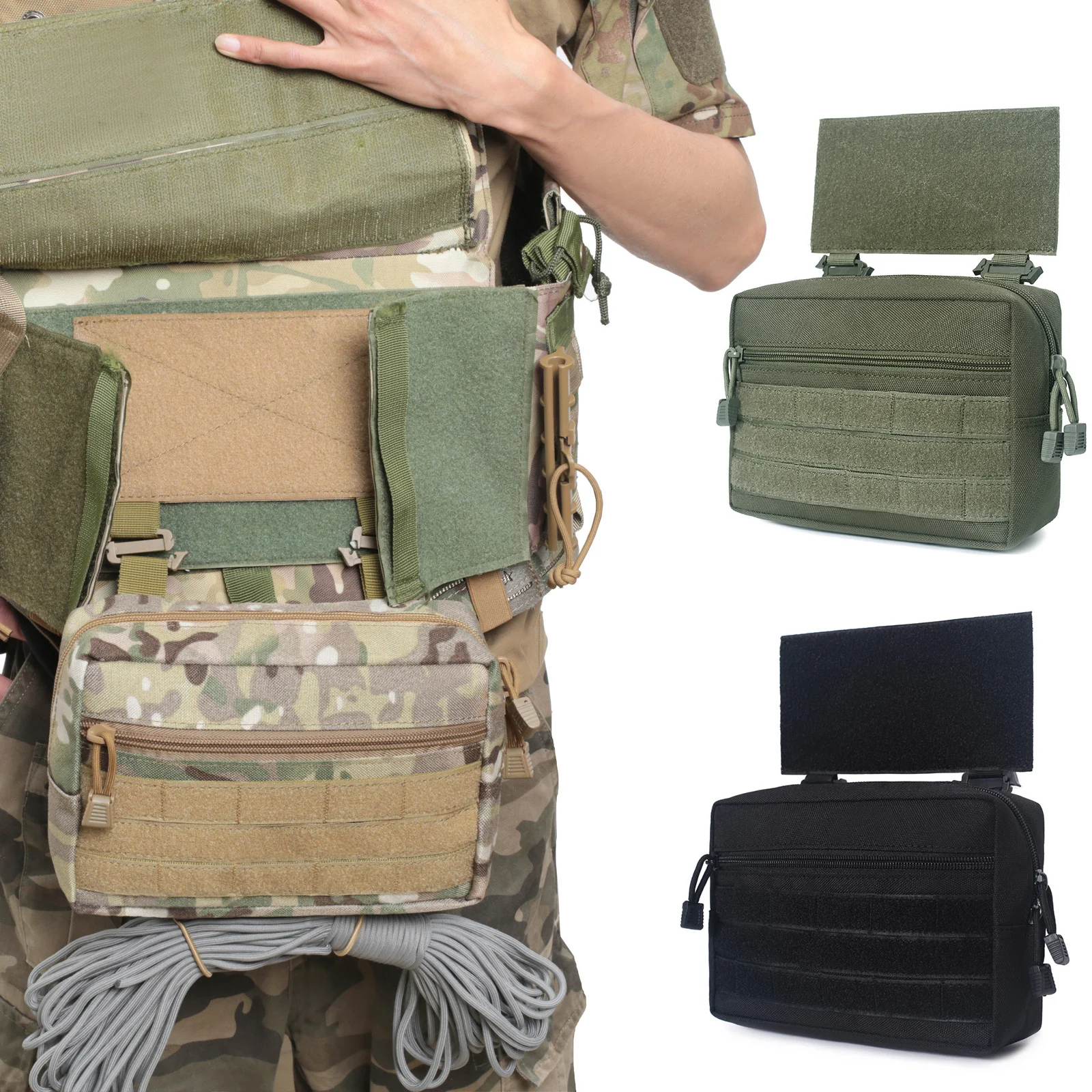 Chaleco táctico porta placas MOLLE con riñonera y bolsa abatible