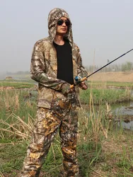 Chaqueta de pesca algodón camuflaje transpirable con capucha hombre