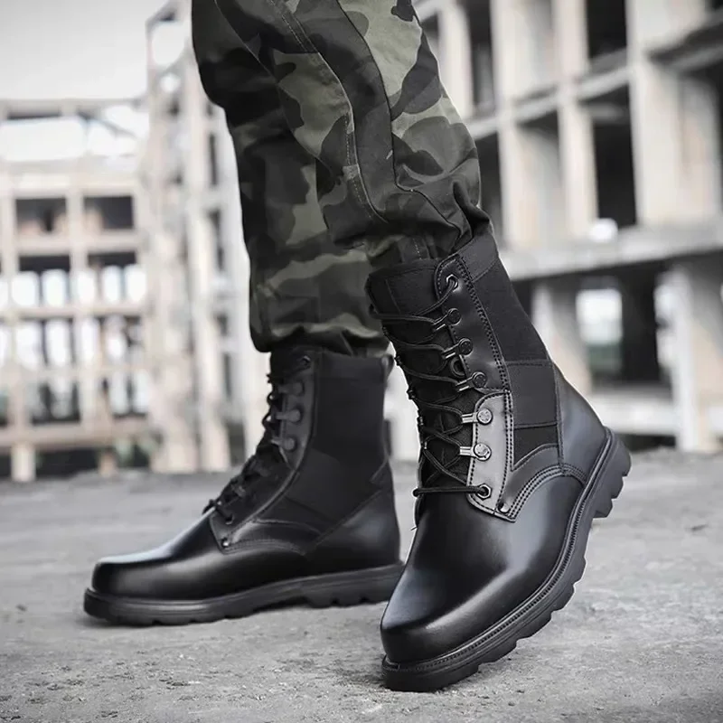 Botas tácticas de combate punta de acero caña alta negras transpirables