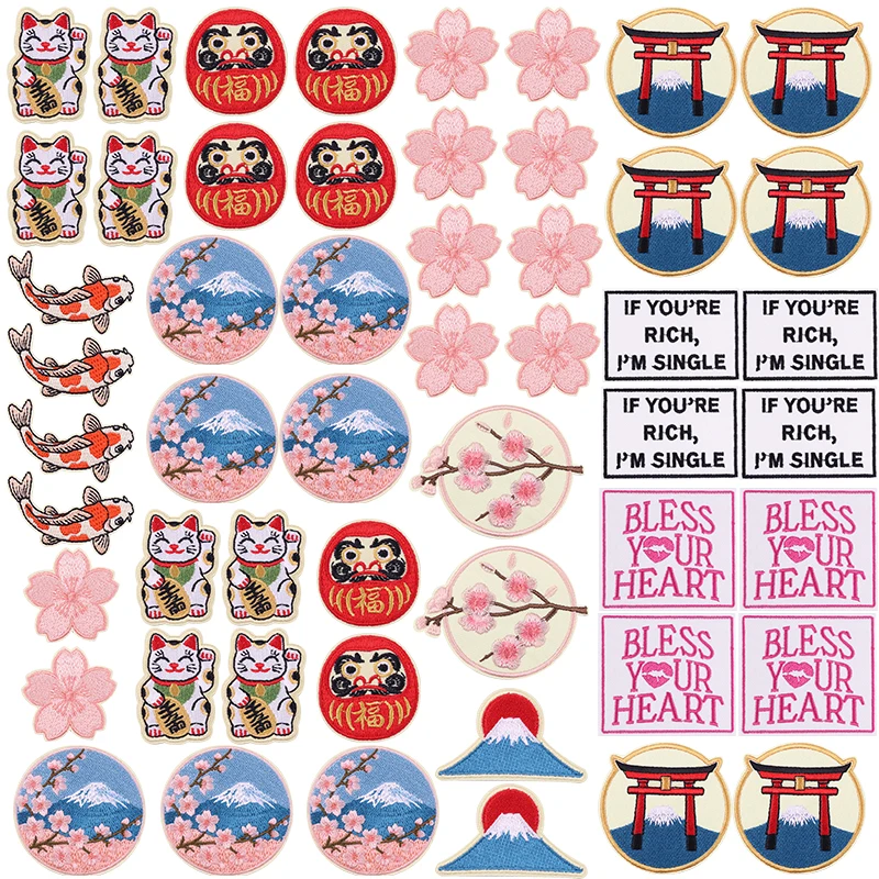 Parches termoadhesivos bordados Maneki Neko Daruma y flor de cerezo - imagen 2