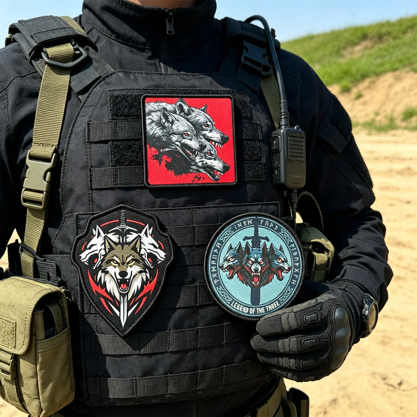 Parche táctico vikingo con velcro, lobo, espada y runas
