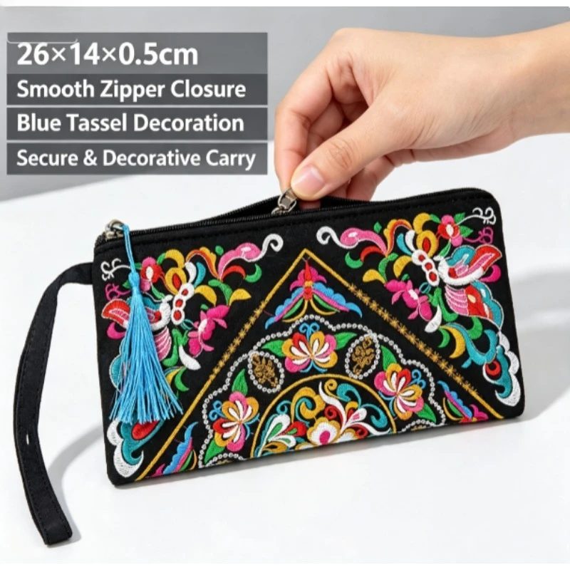 Cartera de mano bordada étnica con gran capacidad y cierre retro - imagen 5