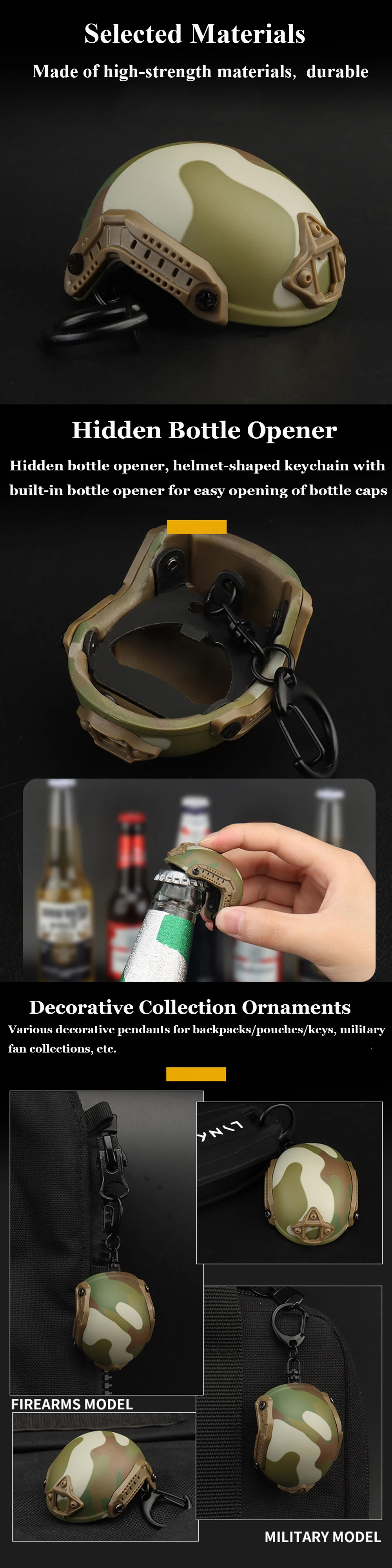 Abrebotellas tipo llavero con acabado negro y detalles