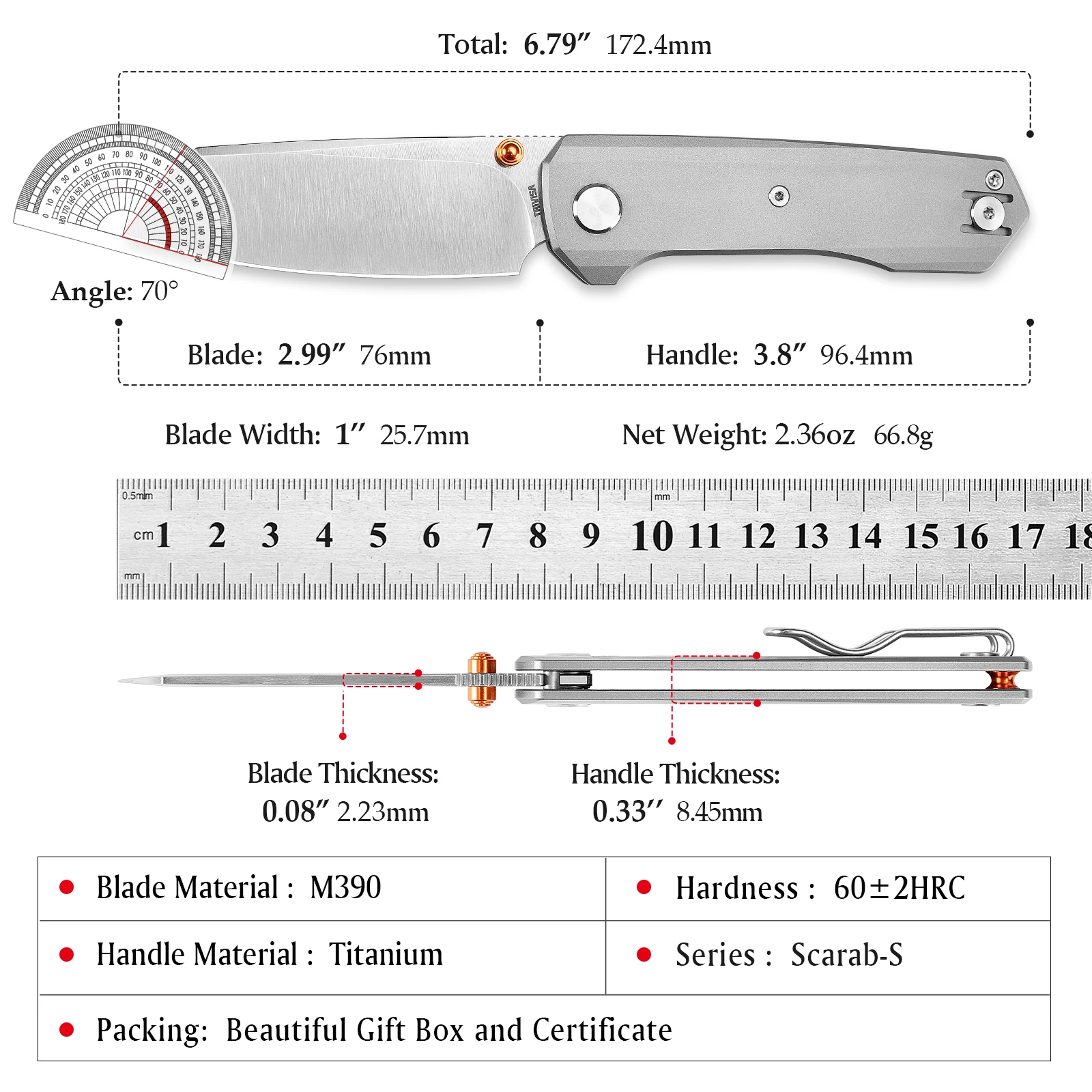 TRIVISA Scarab cuchillo plegable M390 de titanio para supervivencia