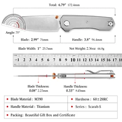 TRIVISA Scarab cuchillo plegable M390 de titanio para supervivencia