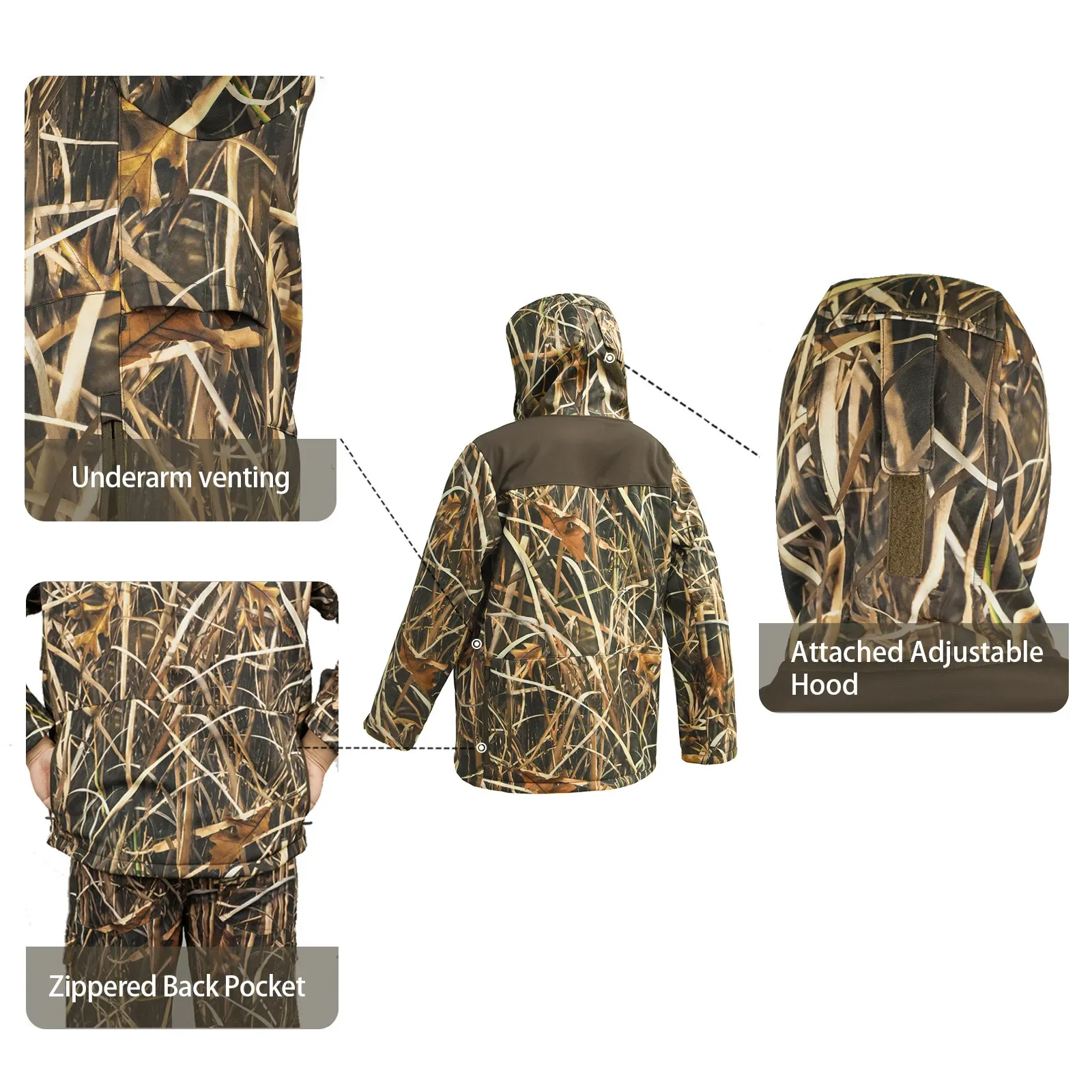 Chaqueta táctica softshell con capucha camuflaje hoja impermeable - imagen 4