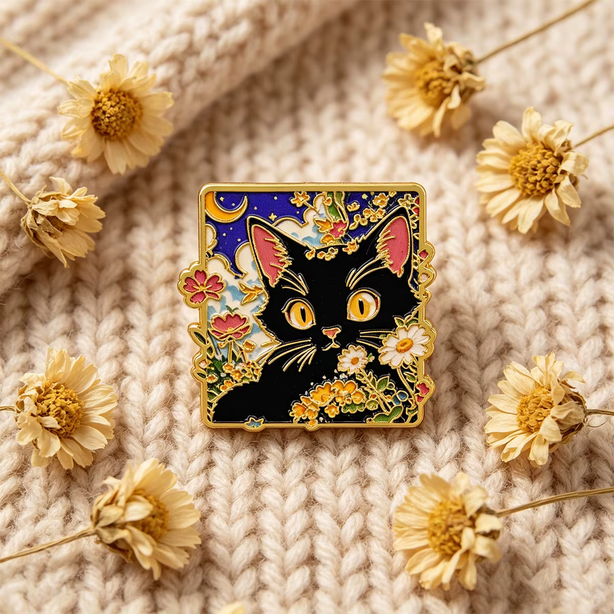 Motivos de gato y flores en estilo de esmalte