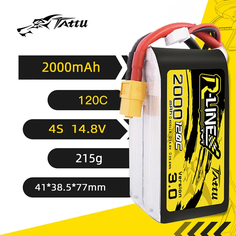 Vista frontal de la batería TATTU R-LINE mostrando etiqueta y conector XT60
