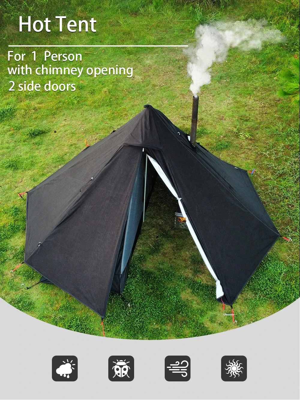 Tienda tipi ultraligero con ventana chimenea