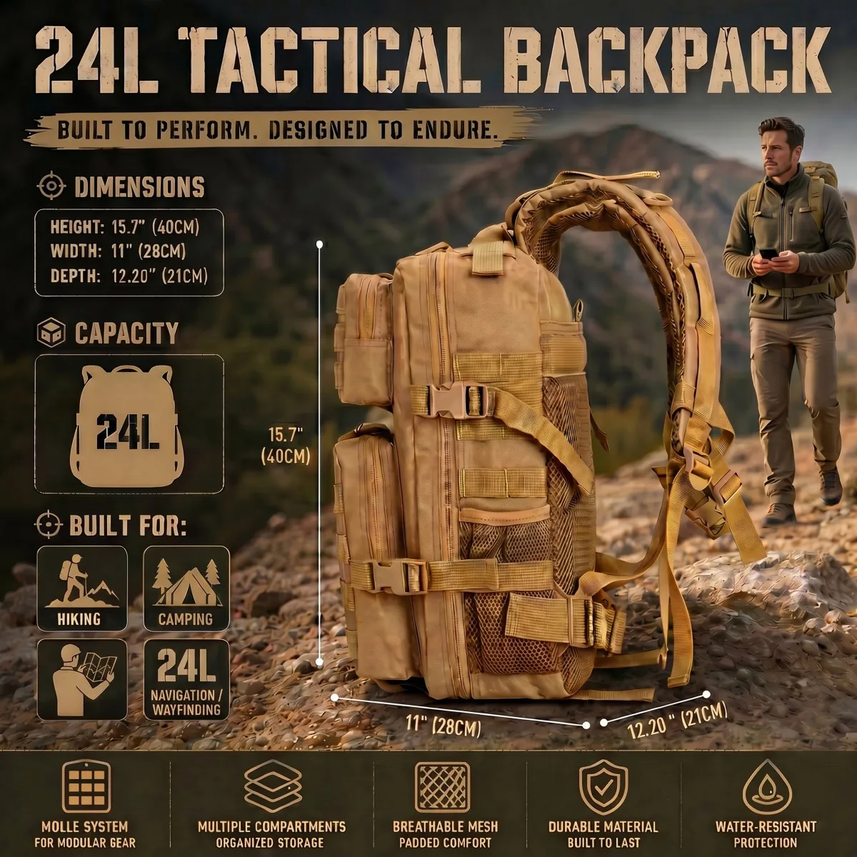Mochila táctica MOLLE unisex para senderismo, exterior y caza - imagen 5