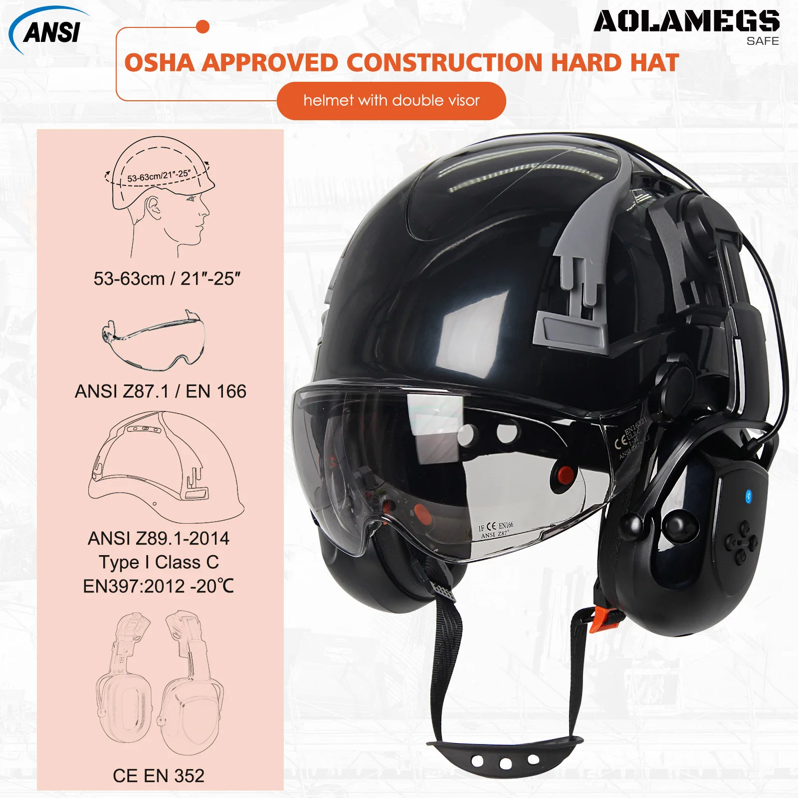 Casco de seguridad CE con orejeras Bluetooth 5,0 y gafas integradas