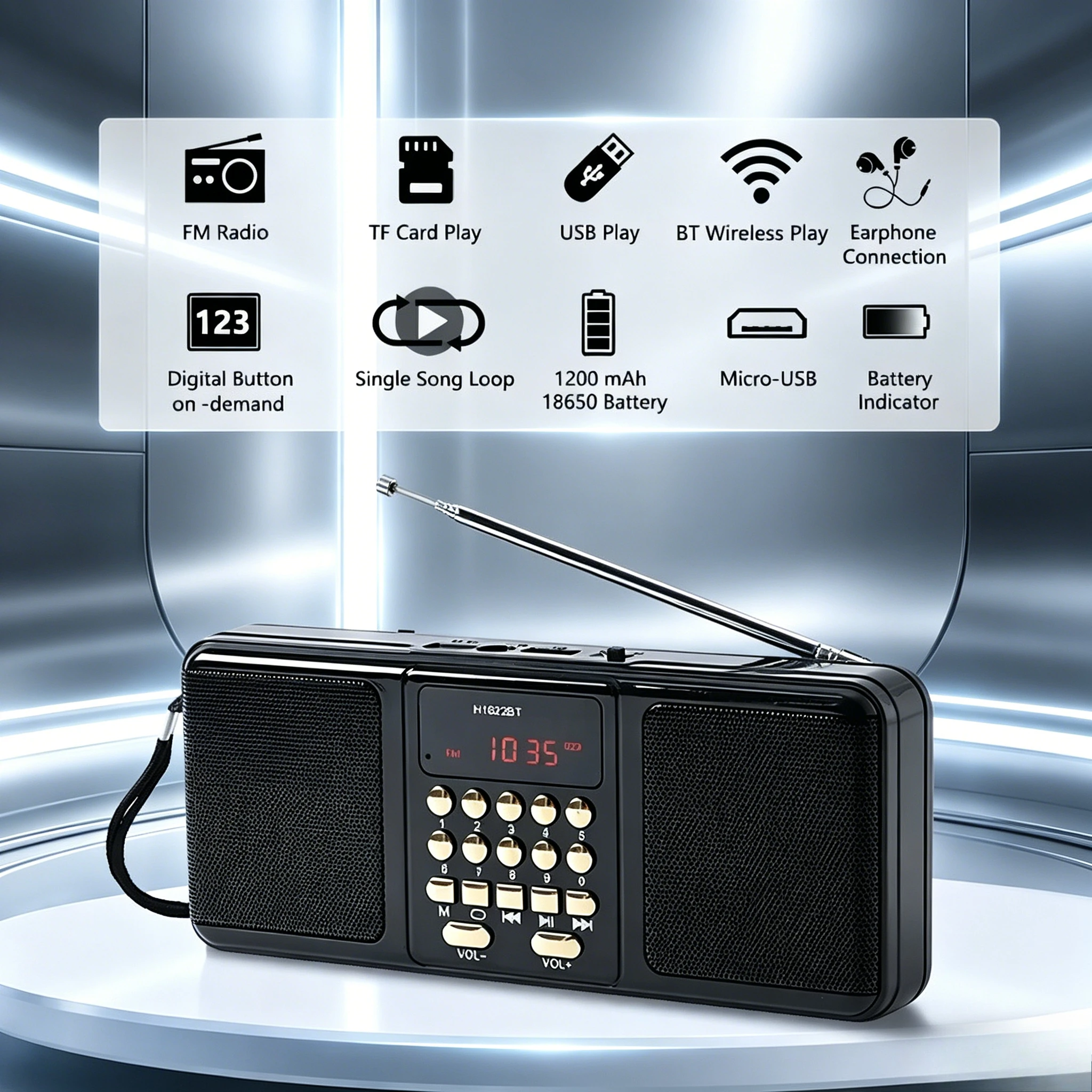 Radio FM estéreo recargable de sobremesa con LED, MP3, USB y TF - imagen 3