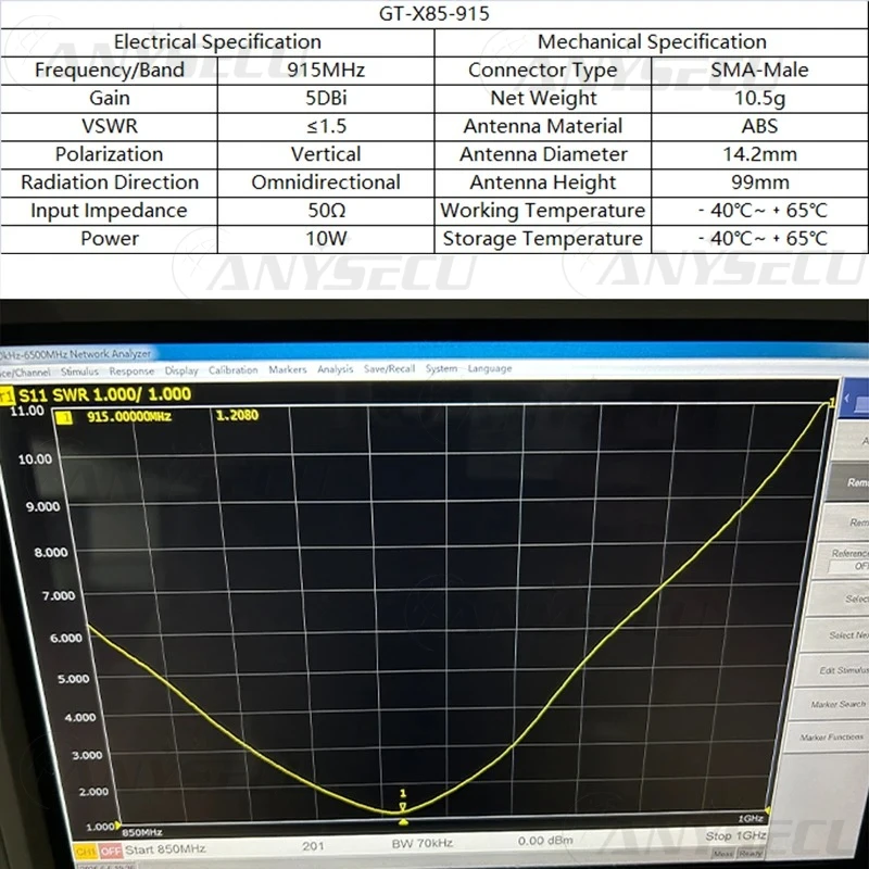 Anysecu Antena flexible LoRaWAN 868/915 MHz SMA macho 5 dBi