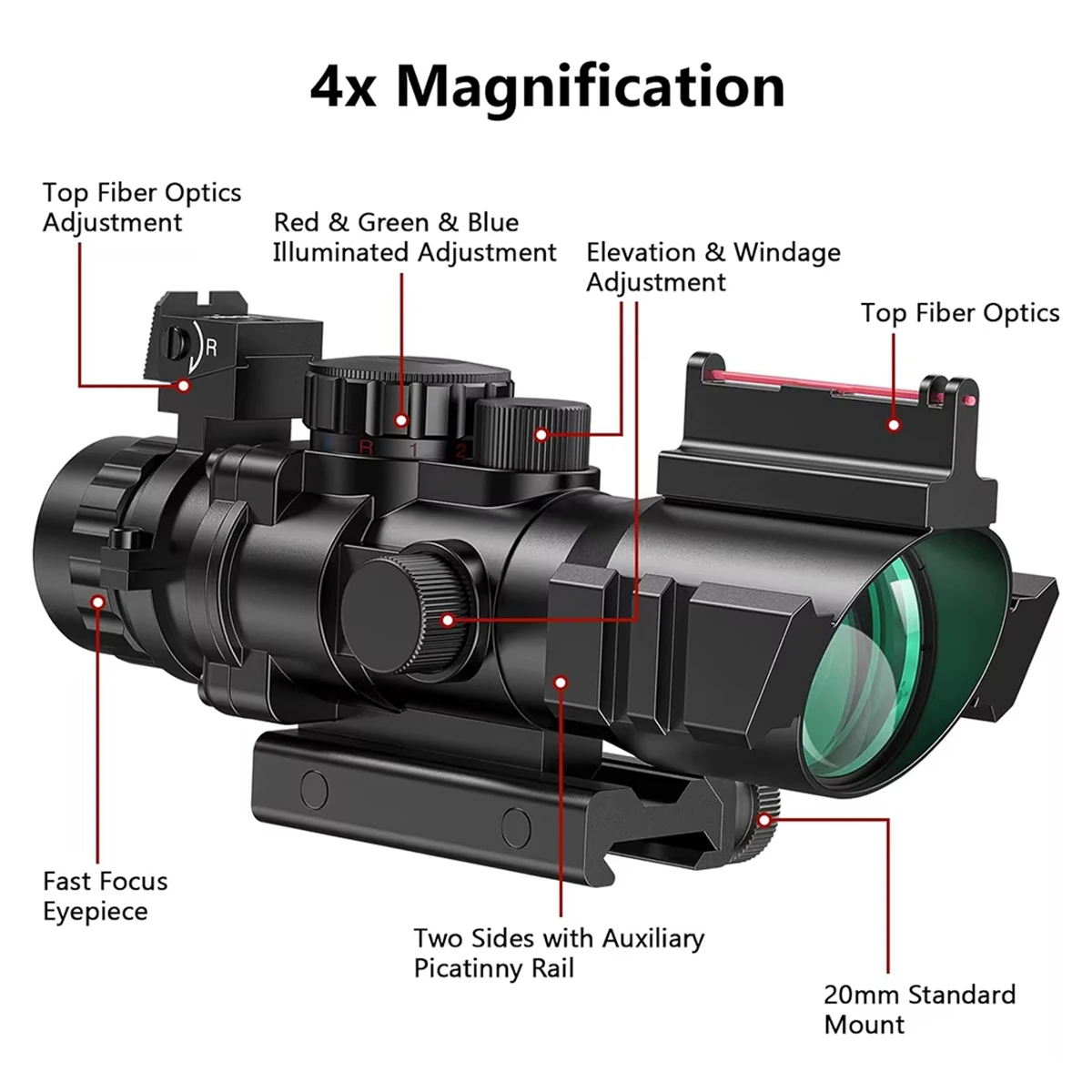 Mira Táctica 4x32 Fibra Óptica RGB para Rifle – Riel Picatinny 20 mm - imagen 2