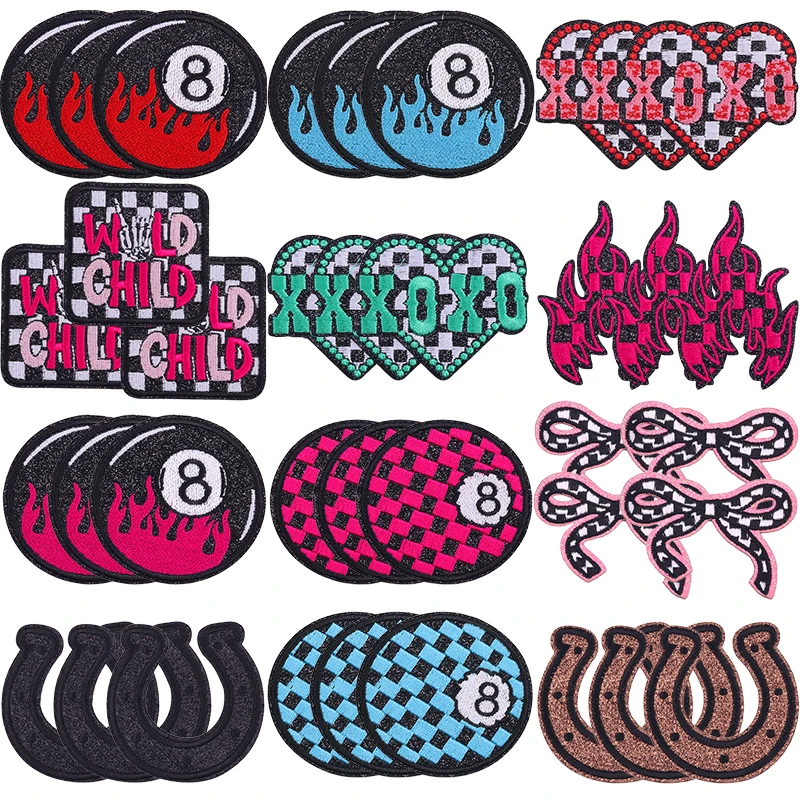 Parches termoadhesivos bordados bola 8 llamas XOXO corazones cuadros - imagen 3
