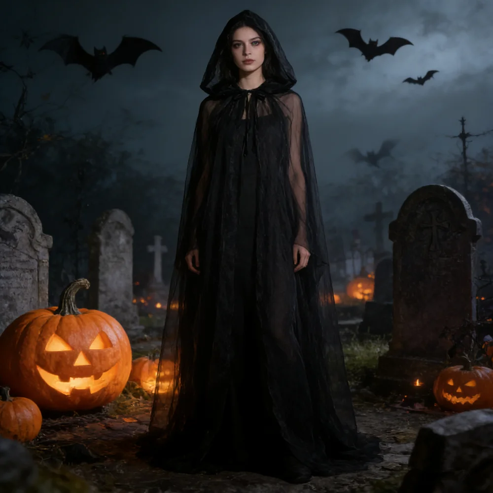 Disfraz de bruja con capa negra de Halloween para vestir - imagen 2