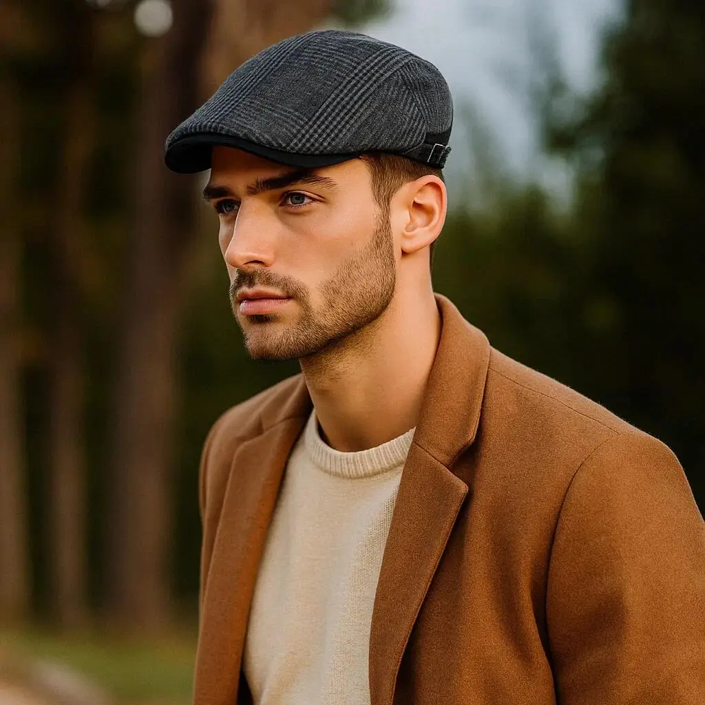 Gorra plana Gatsby vintage a cuadros de lana cálida con ajuste - imagen 4