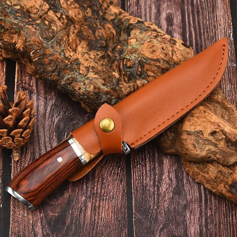 Cuchillo de caza deshuesar, mango madera colores para carne camping - imagen 4