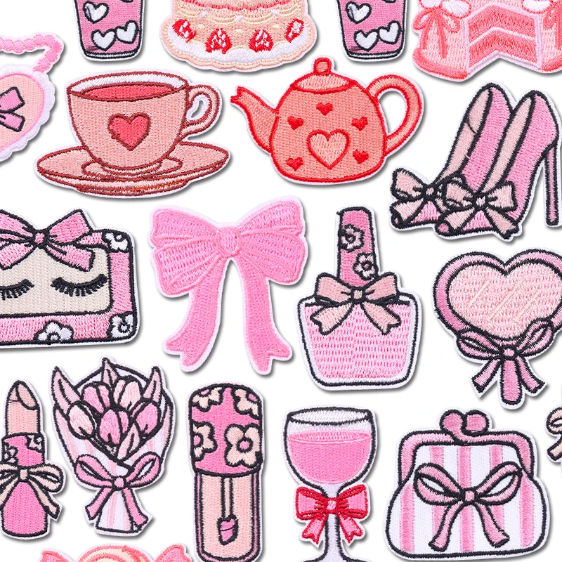 Parches termoadhesivos bordados corazón rosa lazo y labial para gorra - imagen 4