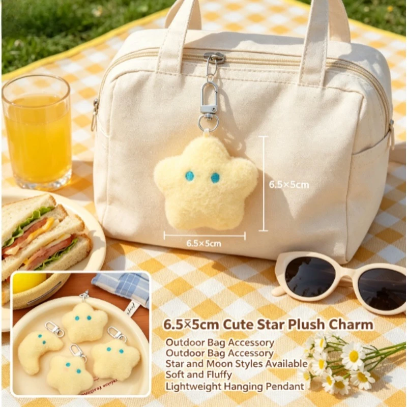 Llavero táctico de peluche estrella y luna crema para mochila - imagen 4