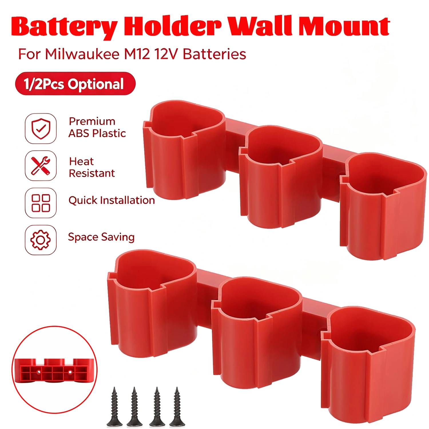 Milwaukee M12 – Soporte de pared para baterías, estante ABS