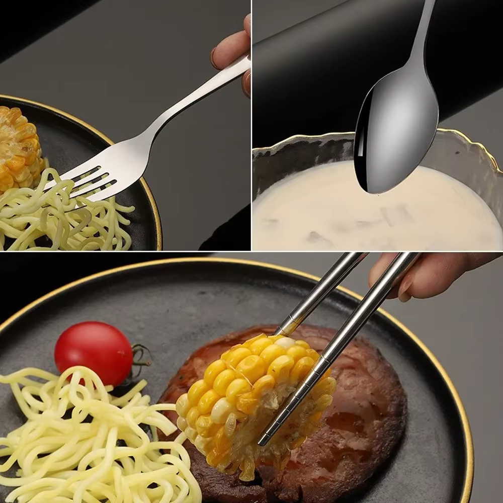 Cubiertos portátiles acero inoxidable – Set camping con palillos - imagen 2