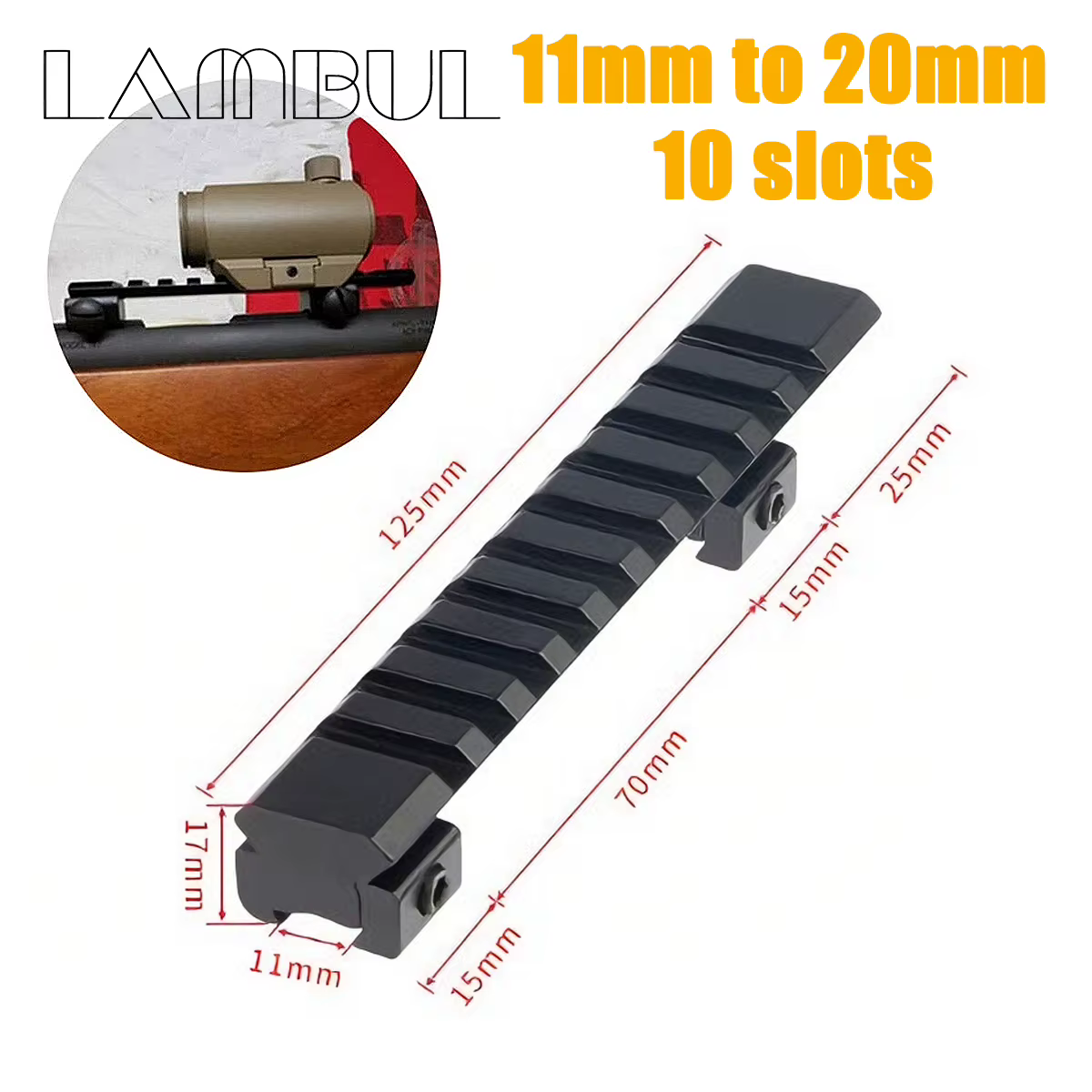 Adaptador cola de milano a Picatinny 125mm – Aluminio 10 ranuras - imagen 2
