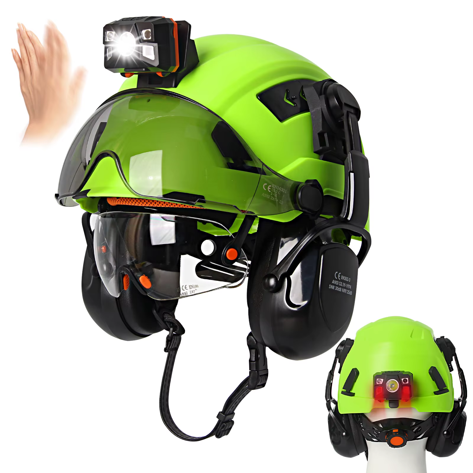 Casco de seguridad CE con gafas integradas, visera y orejeras