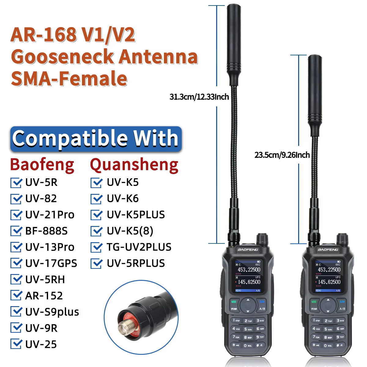 Antena ABBREE AR-168 cuello cisne SMA alta ganancia dual para Baofeng - imagen 5