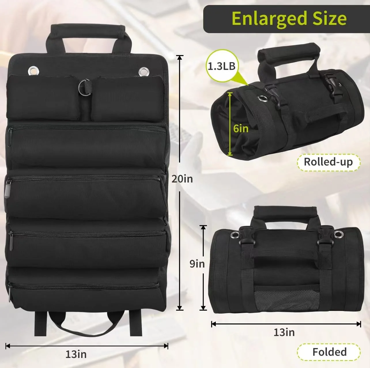 Bolsa organizadora de herramientas enrollable de lona con cremallera - imagen 2