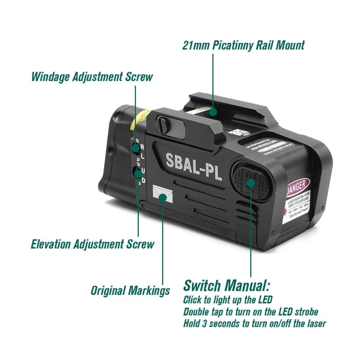 SBAL PL luz táctica con mira láser roja y verde para pistola Airsoft - imagen 5