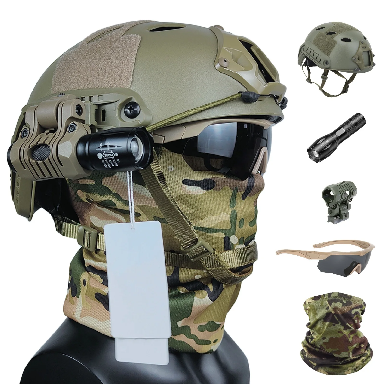 Casco táctico completo AQzxdc con visera facial, gafas y linterna LED