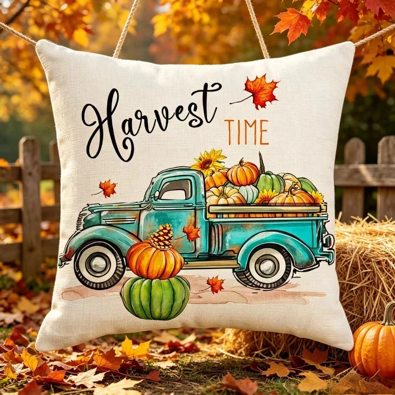 Funda de almohada de lino estampado calabaza y duendes - imagen 2