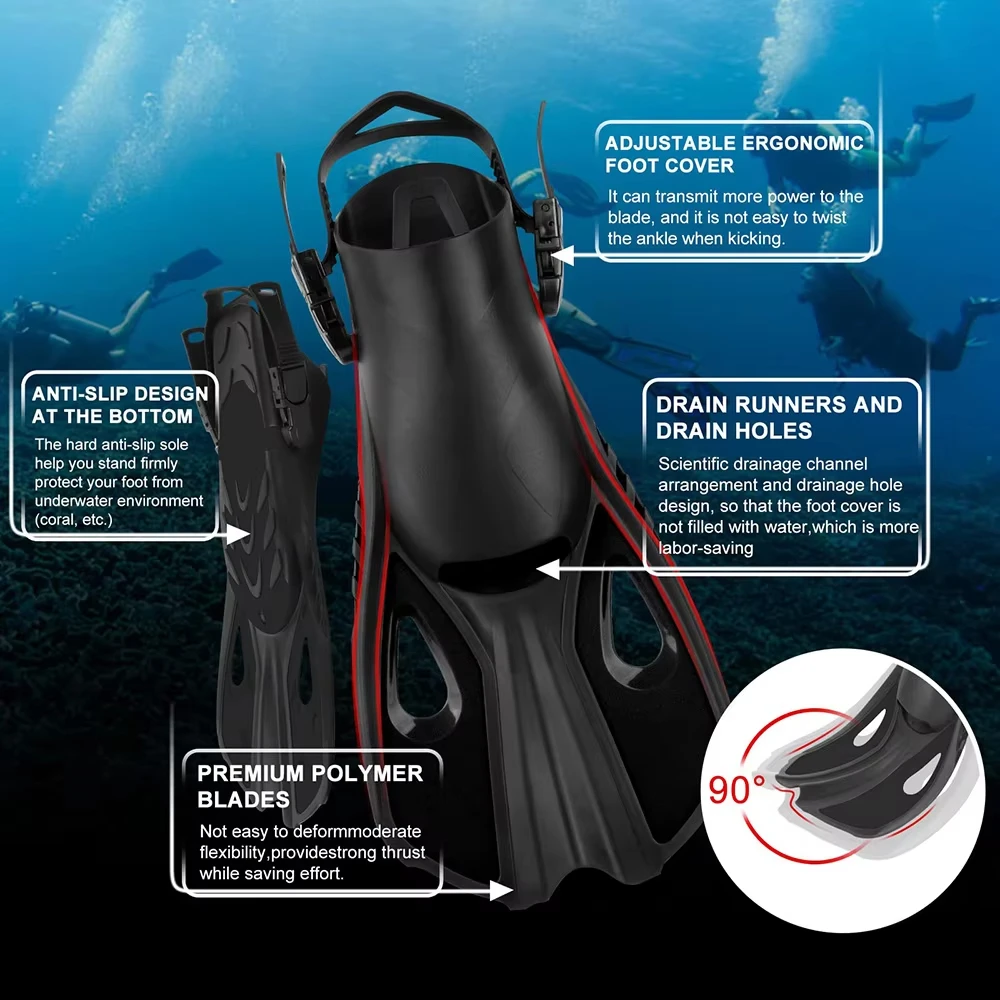 Aletas de buceo cortas ajustables silicona talón abierto, portátiles - imagen 2