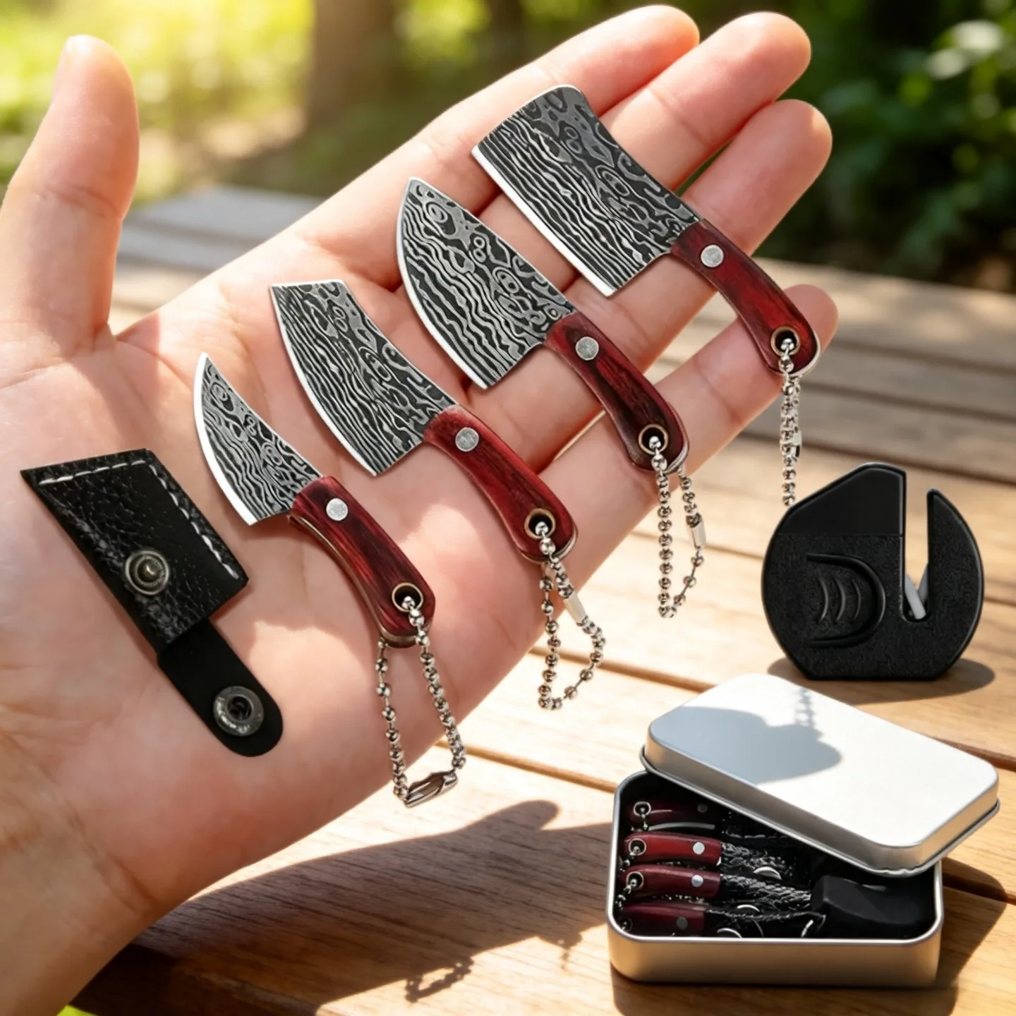 Set portátil de cinco herramientas de acero inoxidable con funda de cuero