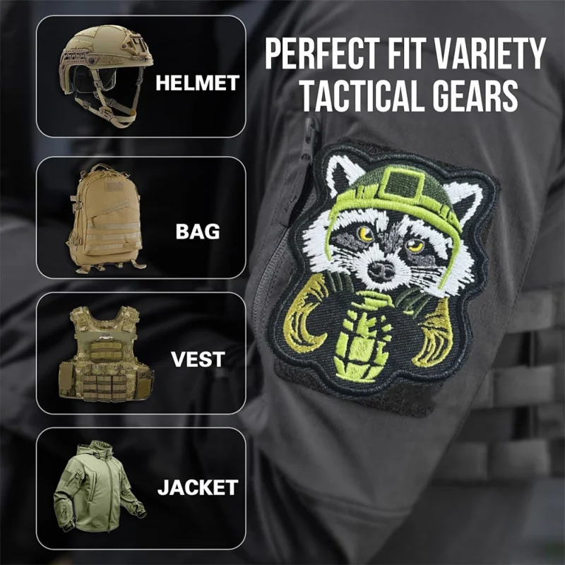 Parche táctico bordado mapache con velcro para casco y chaleco