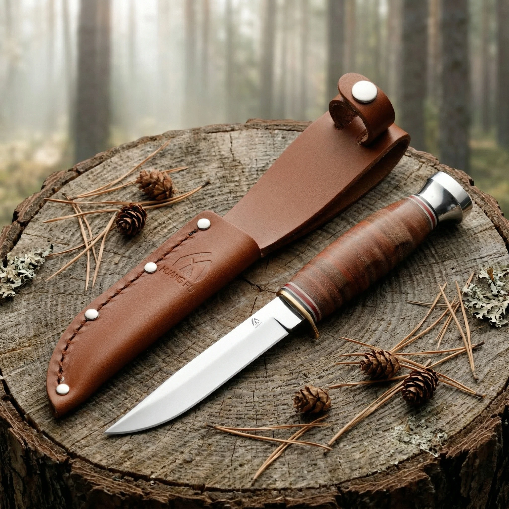 Cuchillo fijo táctico con funda de cuero para supervivencia - imagen 2