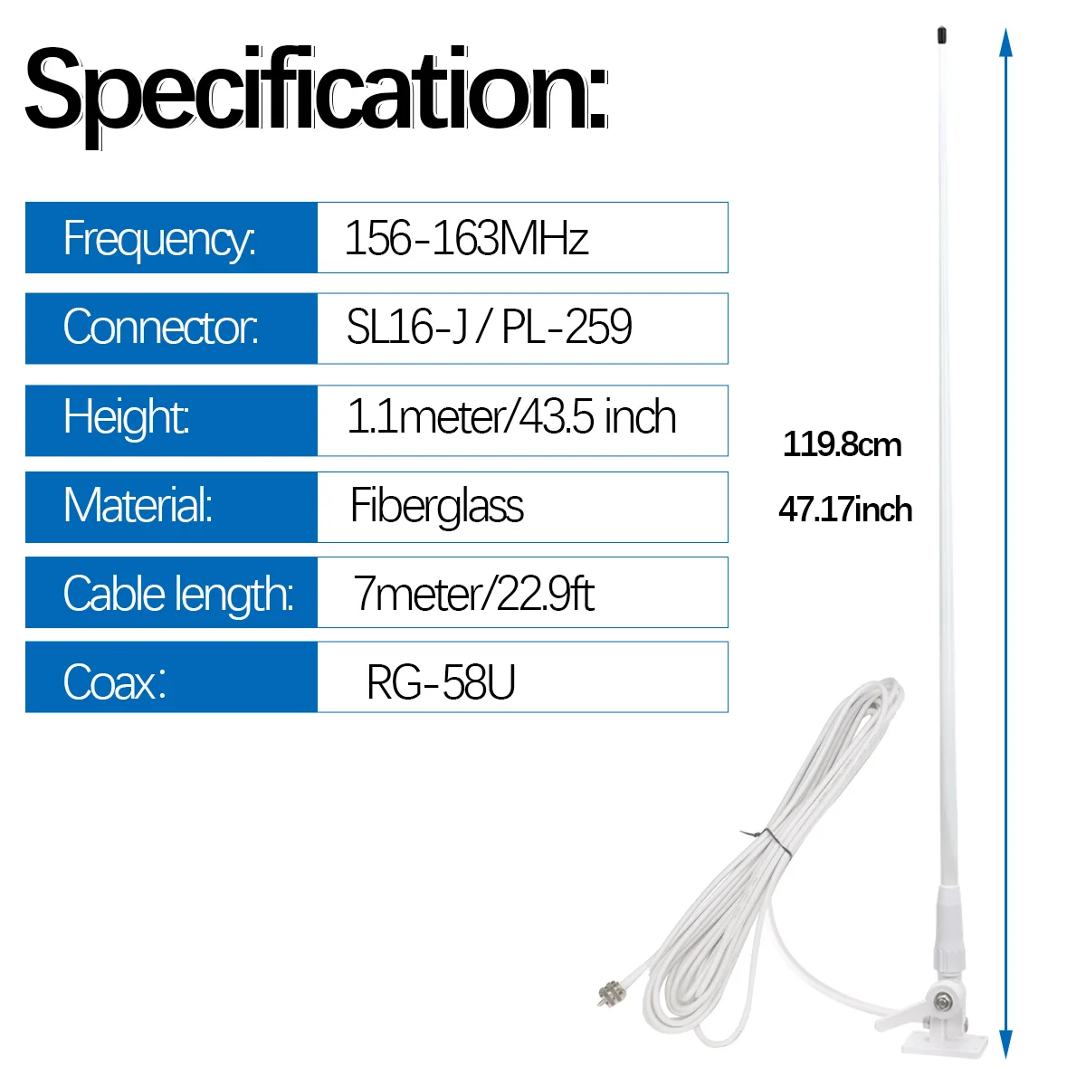 Antena VHF marina con conector PL259 y base