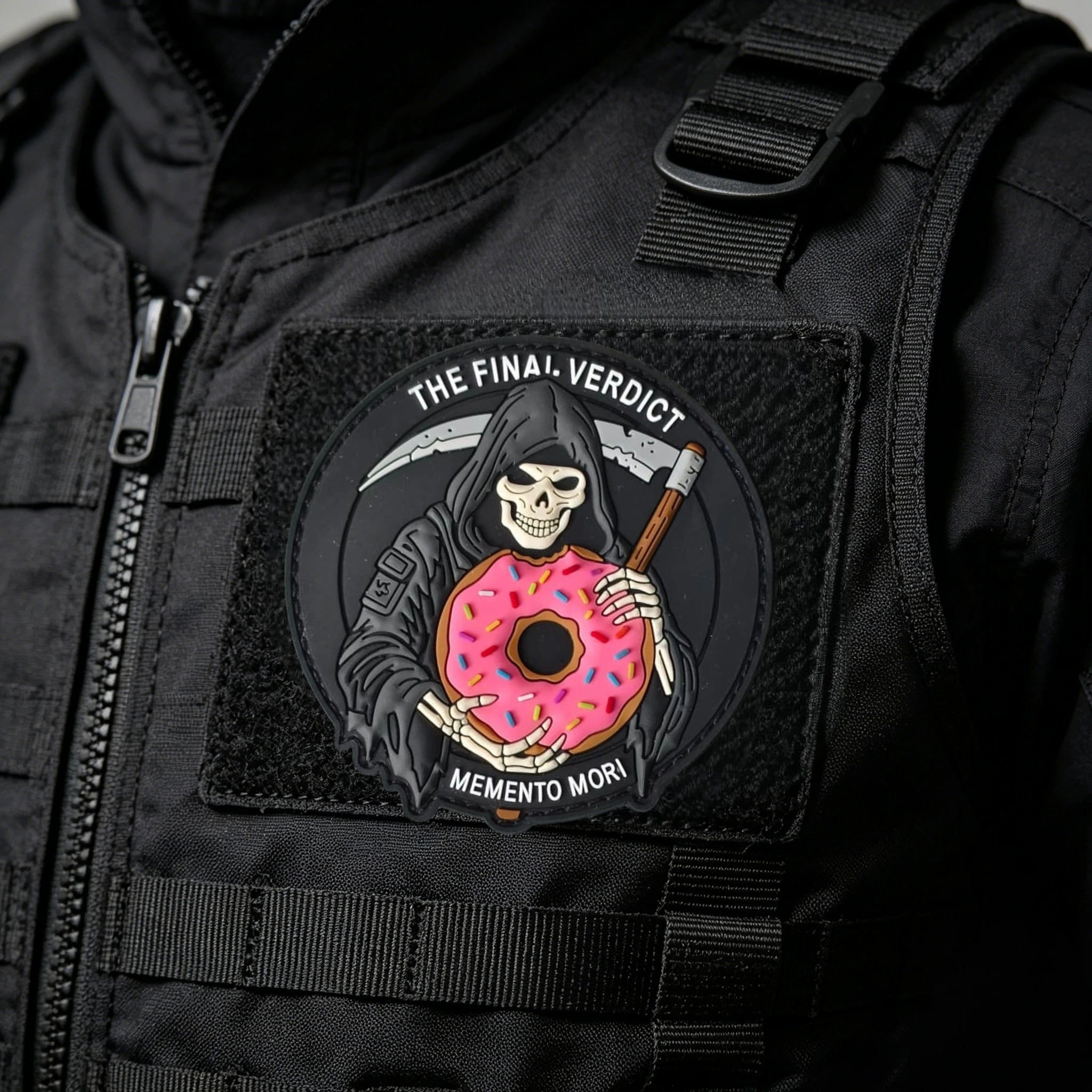 Parche táctico PVC MEMENTO MORI calavera donut con gancho bucle - imagen 5