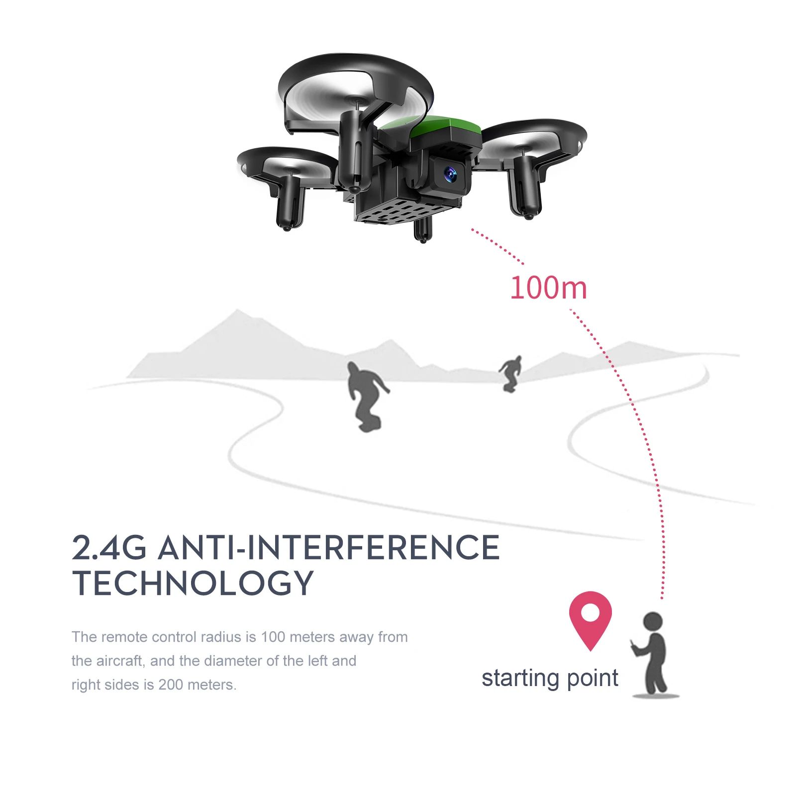 Dron GT1 mini en vuelo con luces LED activadas