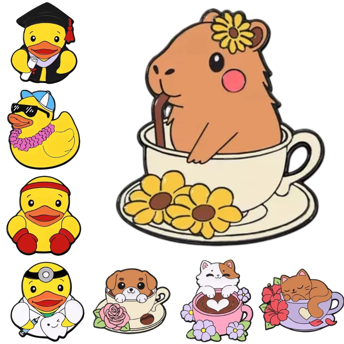 Pin esmaltado pato y capibara de solapa, animales de dibujo animado - imagen 4