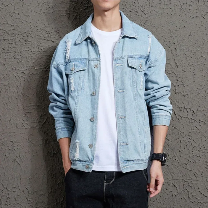 Chaqueta outdoor denim trabajo hombre estilo moderno con agujeros - imagen 2