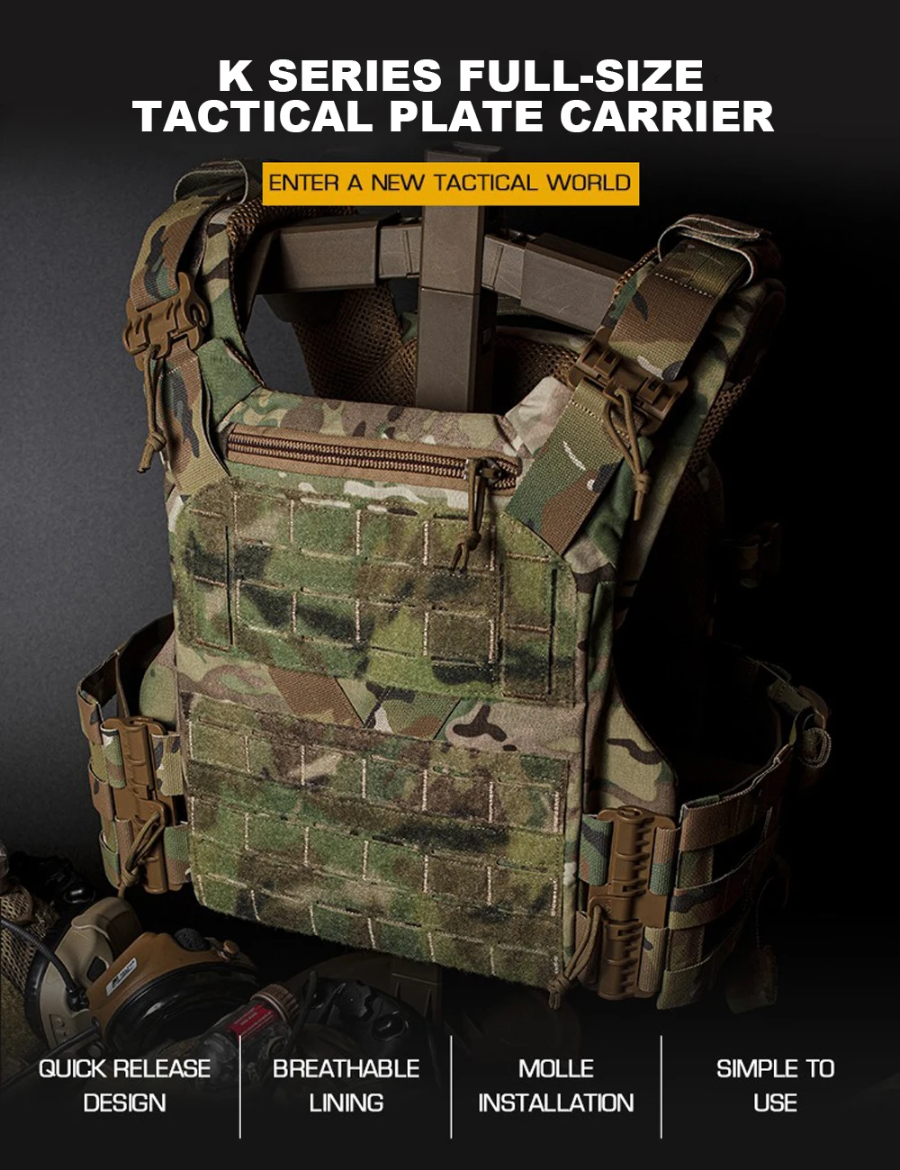 Vista frontal del chaleco táctico serie K con sistema MOLLE