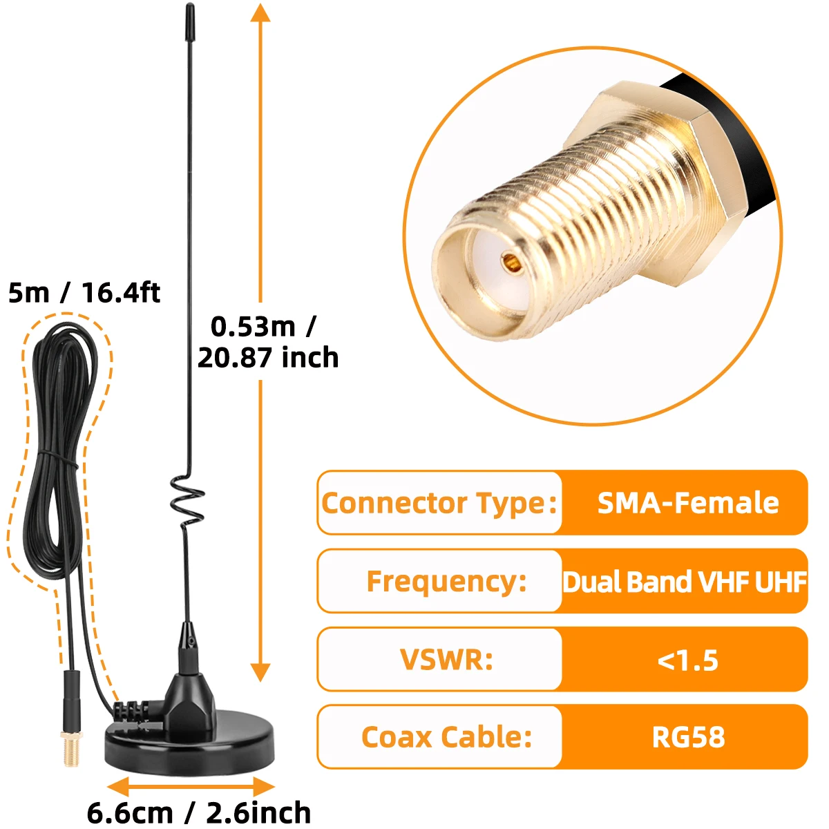 Antena ABBREE AD-109 magnética VHF UHF SMA-hembra para Baofeng