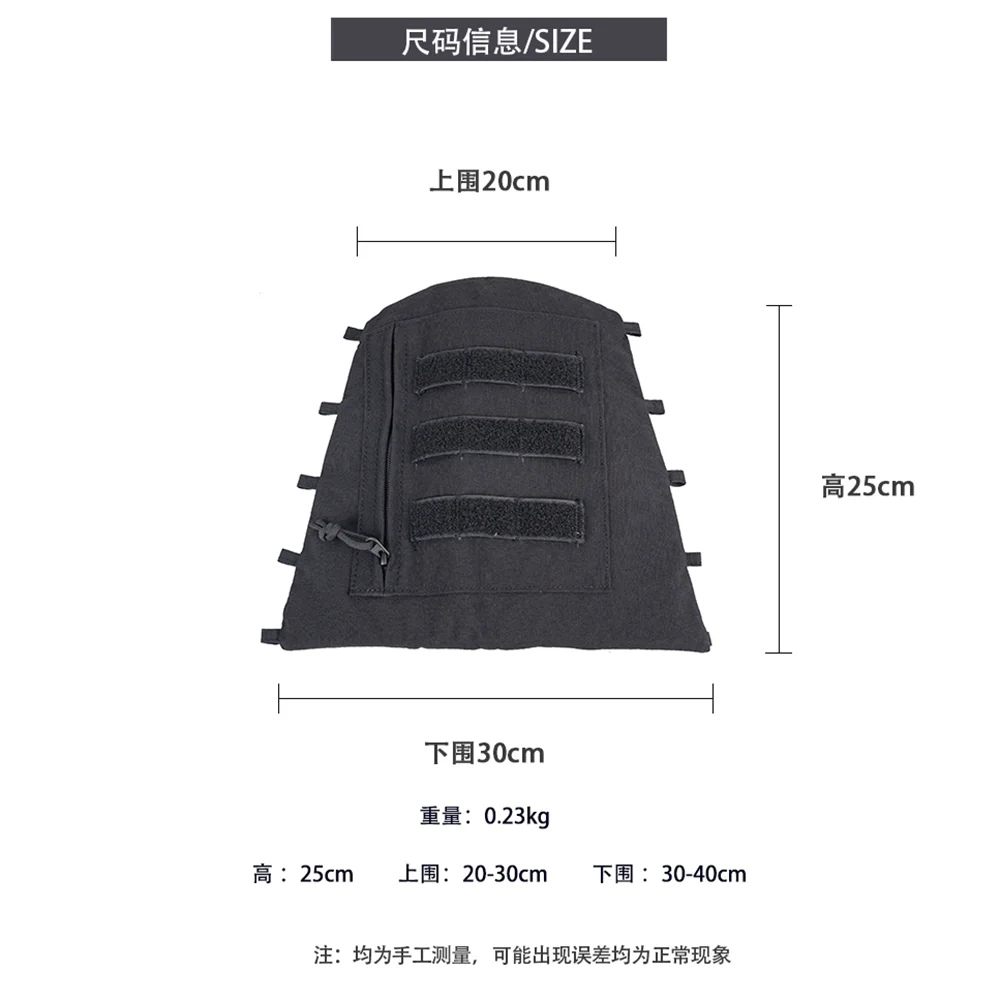 Protector táctico con correas de sujeción y detalle del tejido resistente