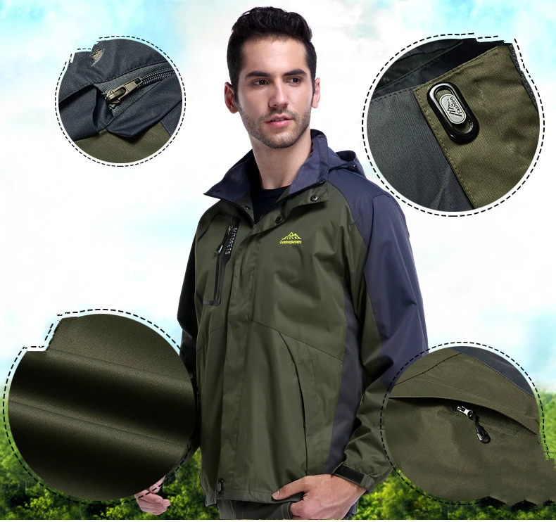 Vista detallada de la chaqueta con corte exterior para senderismo y camping