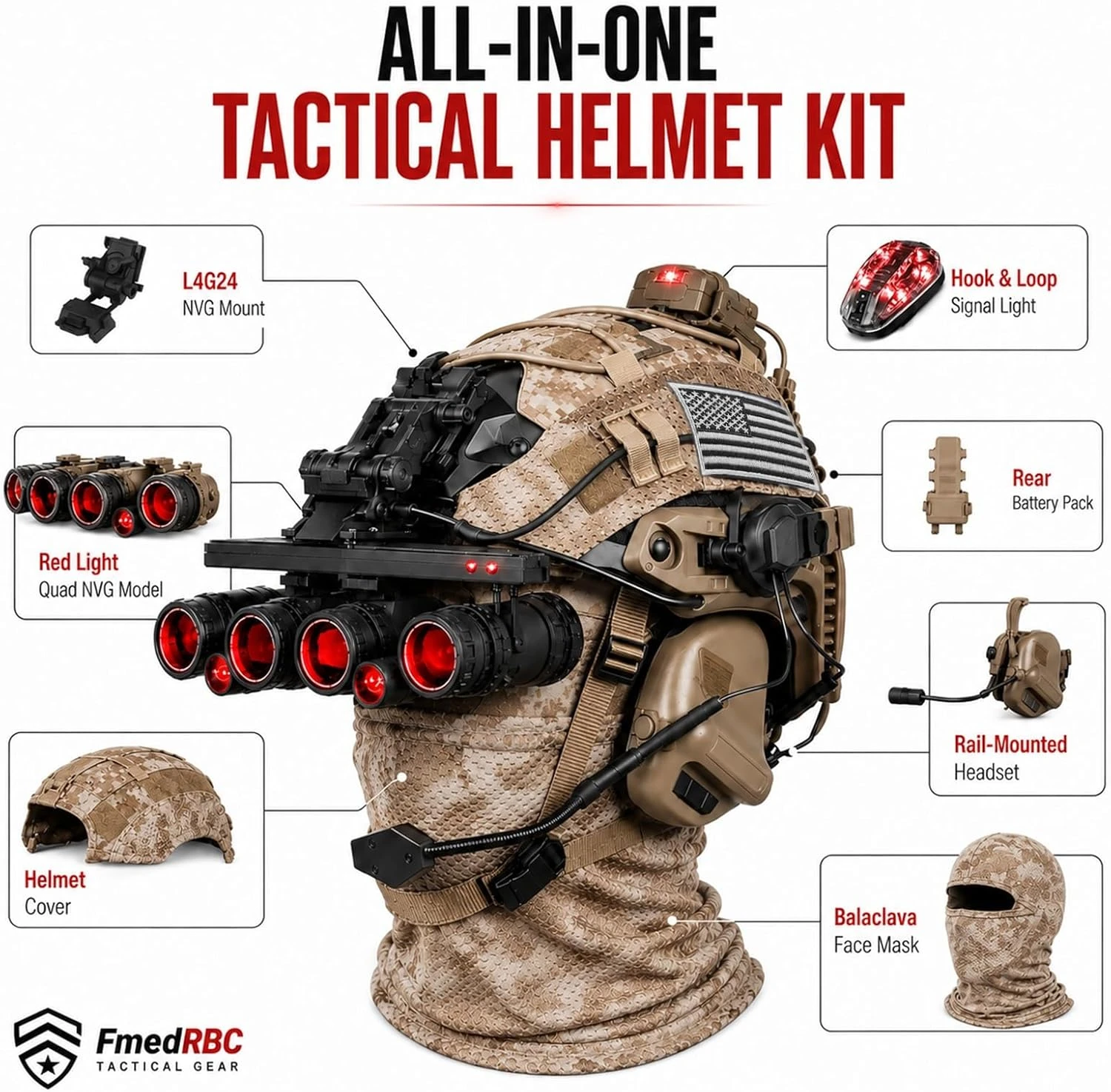 Kit de Casco Táctico Airsoft con Riel NVG y Luz Estroboscópica - imagen 3