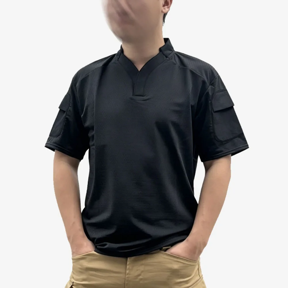 Camiseta táctica de rugby negra secado rápido manga corta cuello V - imagen 4