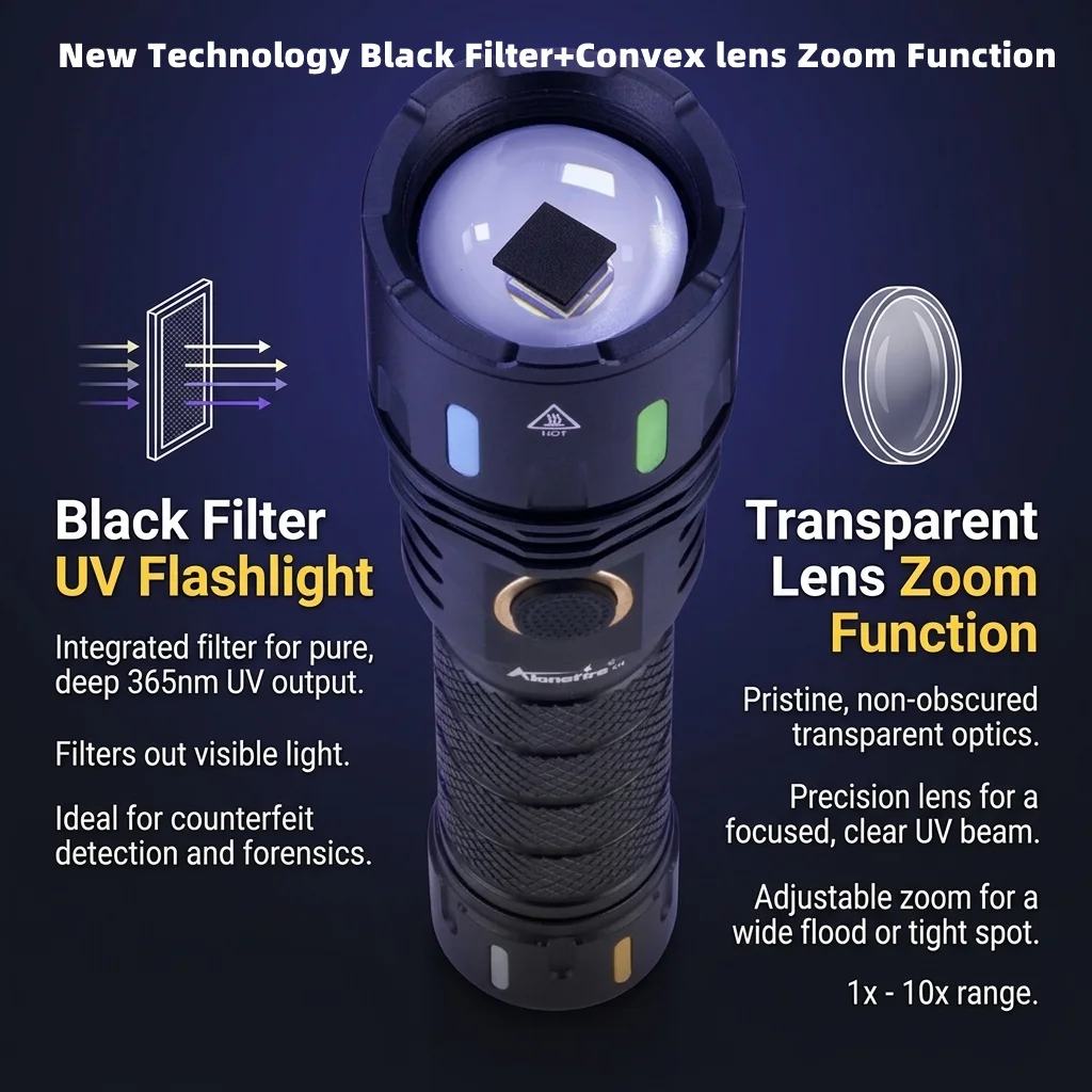 Alonefire Linterna UV recargable con zoom, luz negra para manchas
