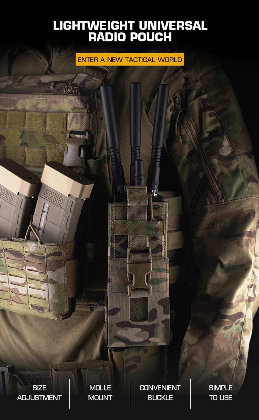 Bolsa táctica MOLLE en uso con chaleco táctico